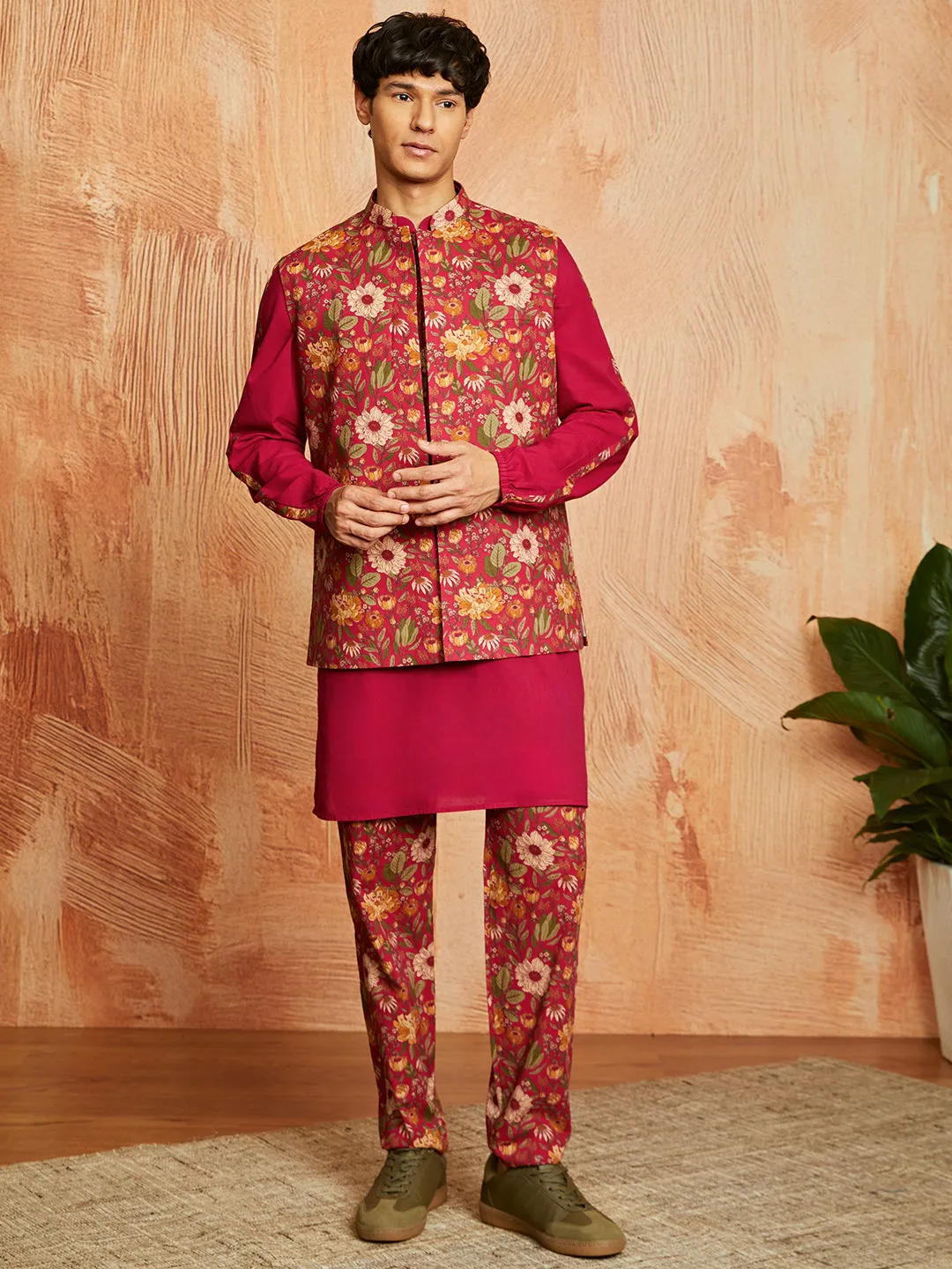 VASTRAMAY Men's Falsa Cotton Jacket Kurta and Pyjama set