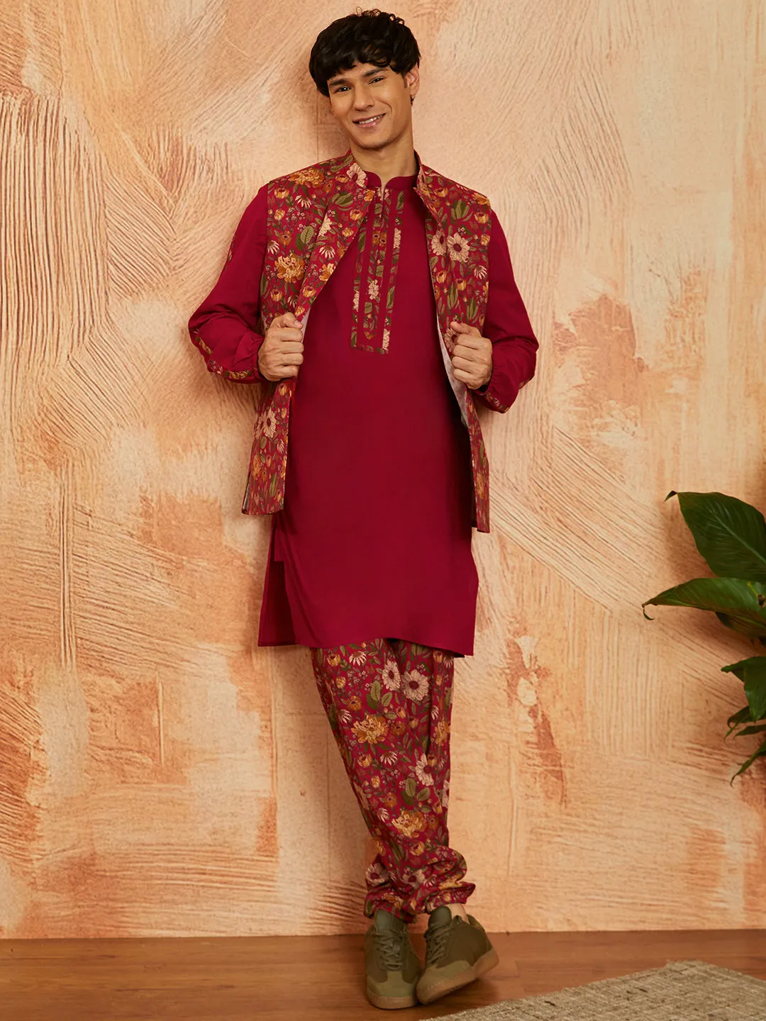 VASTRAMAY Men's Falsa Cotton Jacket Kurta and Pyjama set