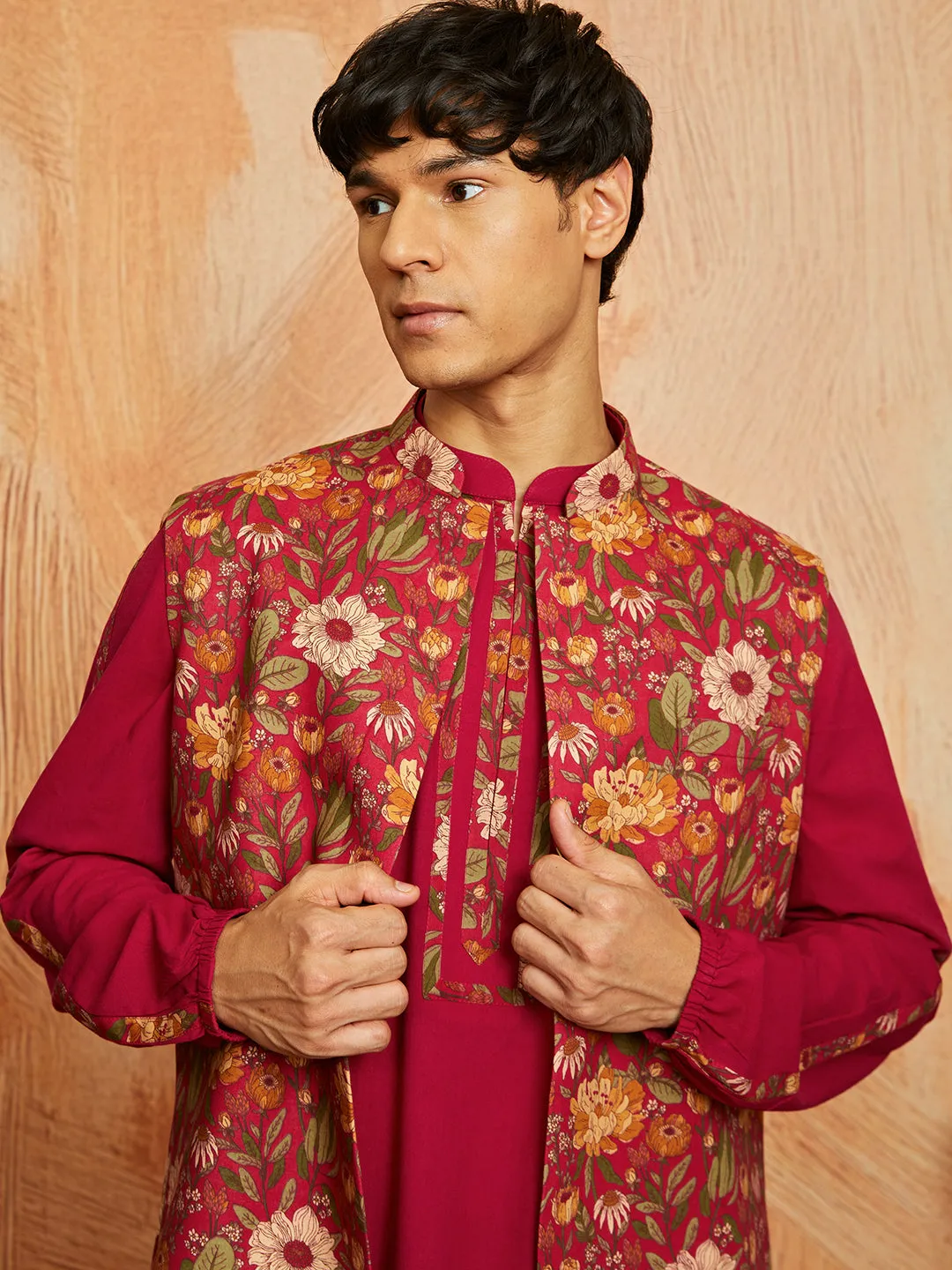 VASTRAMAY Men's Falsa Cotton Jacket Kurta and Pyjama set