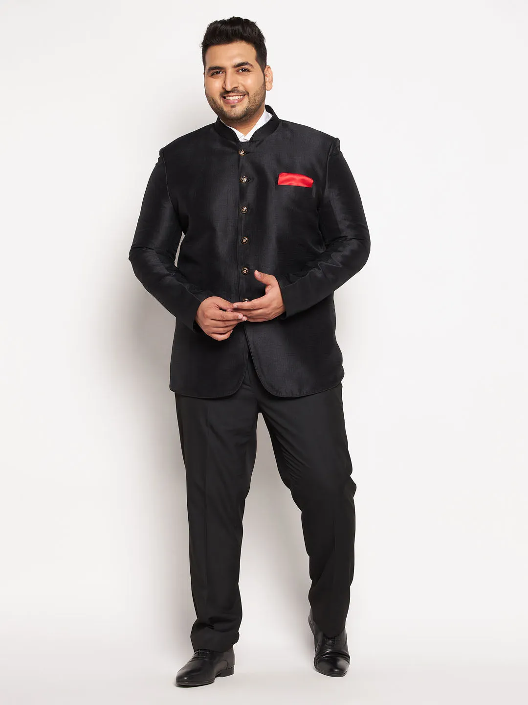 VASTRAMAY Plus Size Men's Black Silk Blend Jodhpuri
