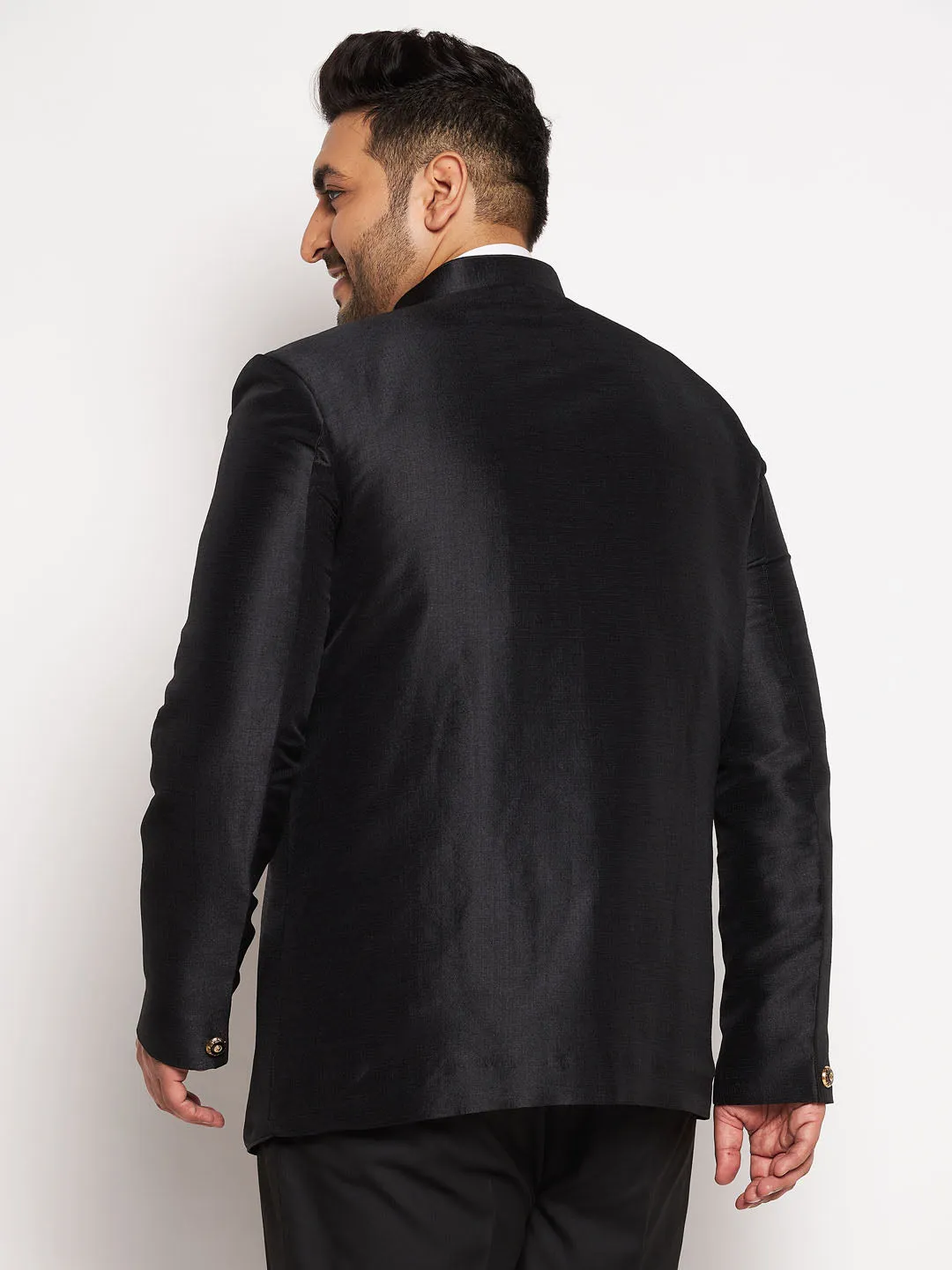 VASTRAMAY Plus Size Men's Black Silk Blend Jodhpuri