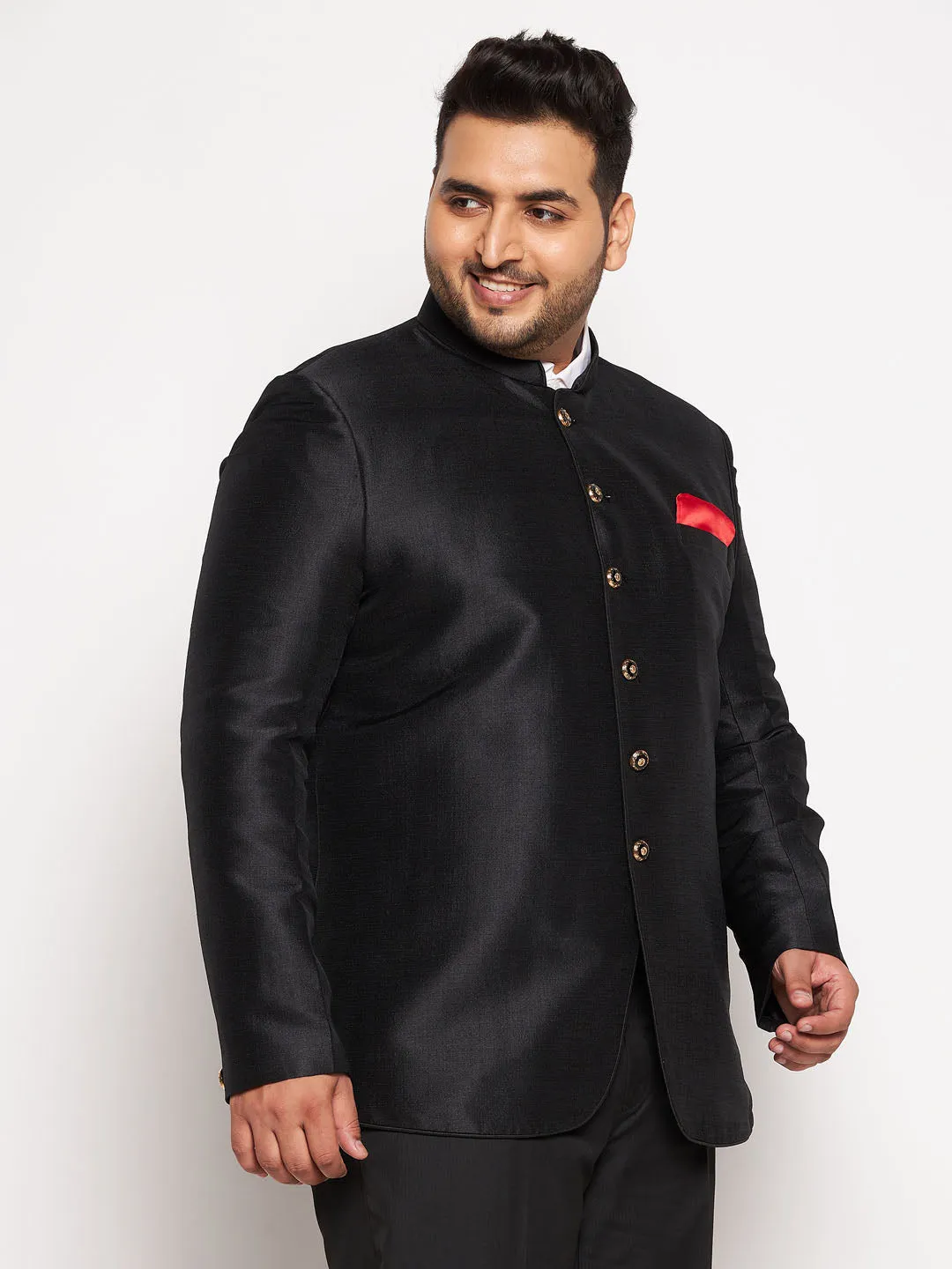 VASTRAMAY Plus Size Men's Black Silk Blend Jodhpuri