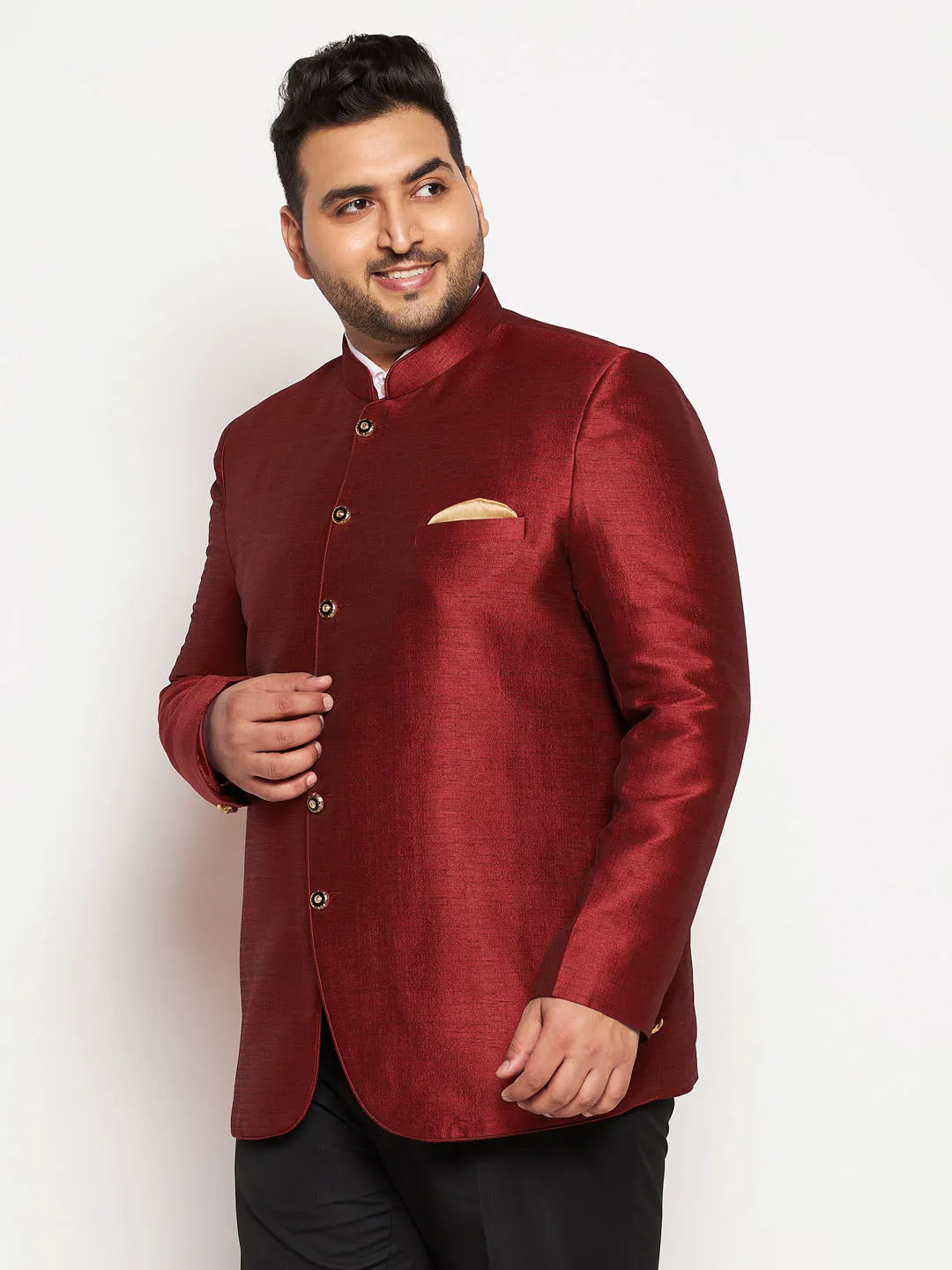 VASTRAMAY Plus Size Men's Maroon Silk Blend Jodhpuri