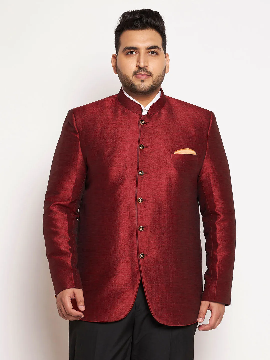VASTRAMAY Plus Size Men's Maroon Silk Blend Jodhpuri