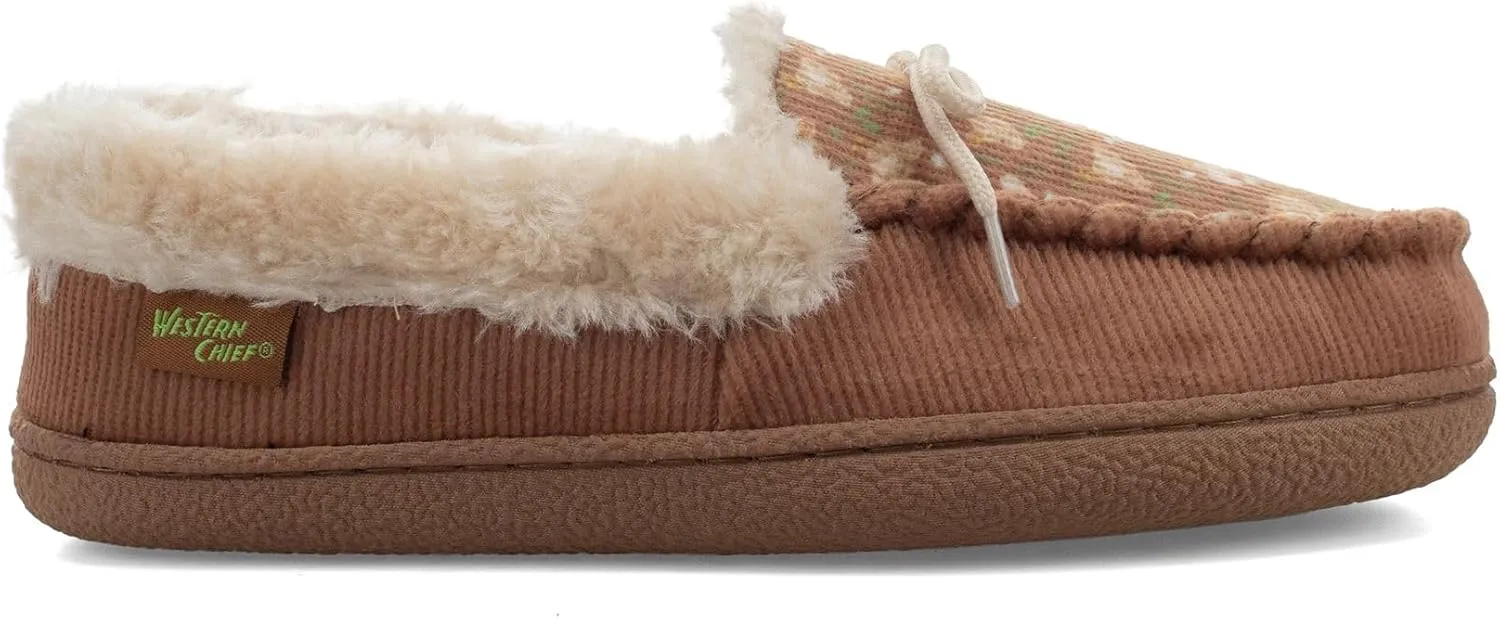 Western Chief Women's Elaine Slippers  Cozy Faux Fur Lining, Stylish Stitched Lace Detail for Indoor, Moccasin Slip-On Loafers Womens Shoes