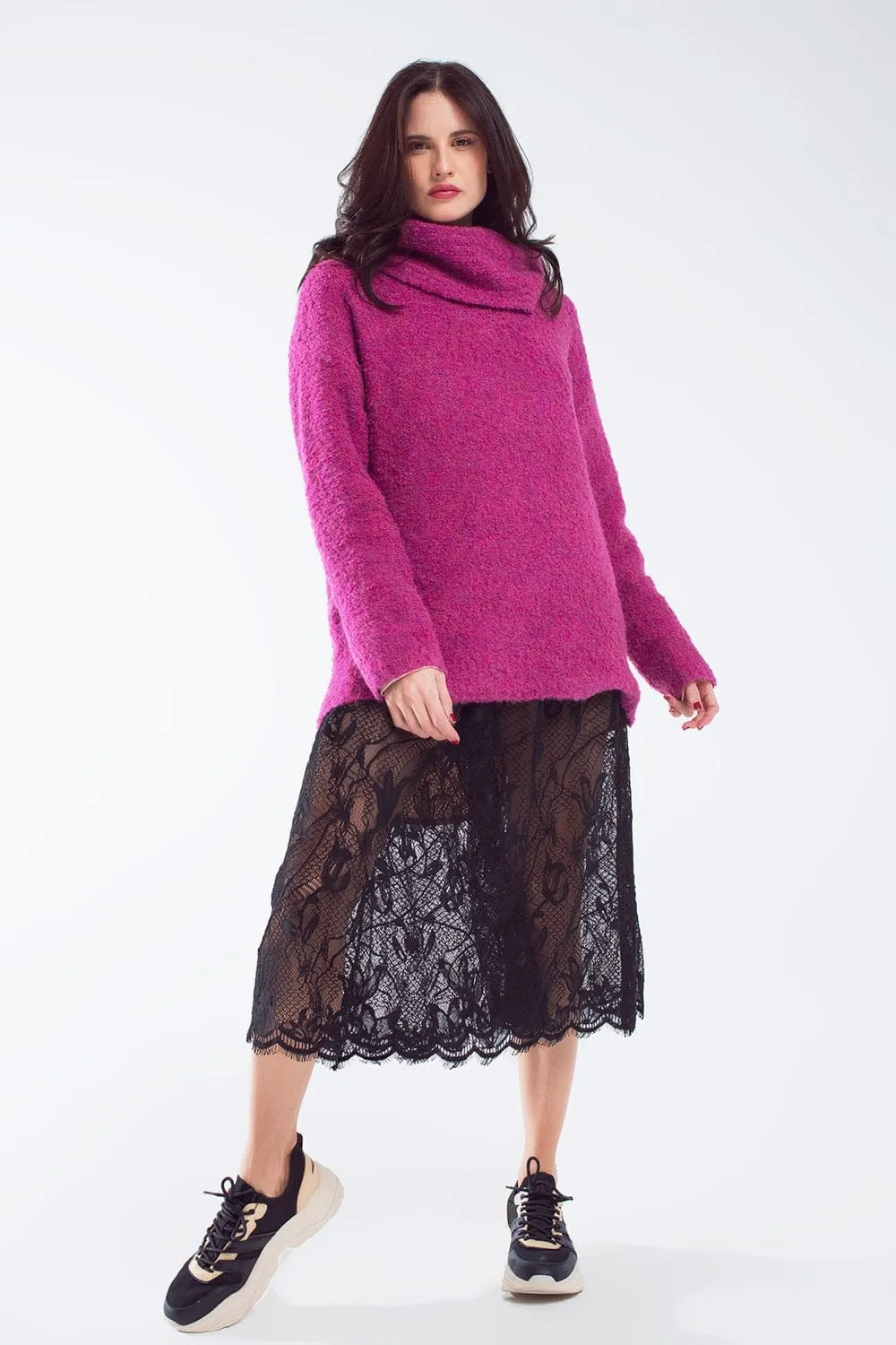 Wide Sweater With Bardot Neck In Magenta