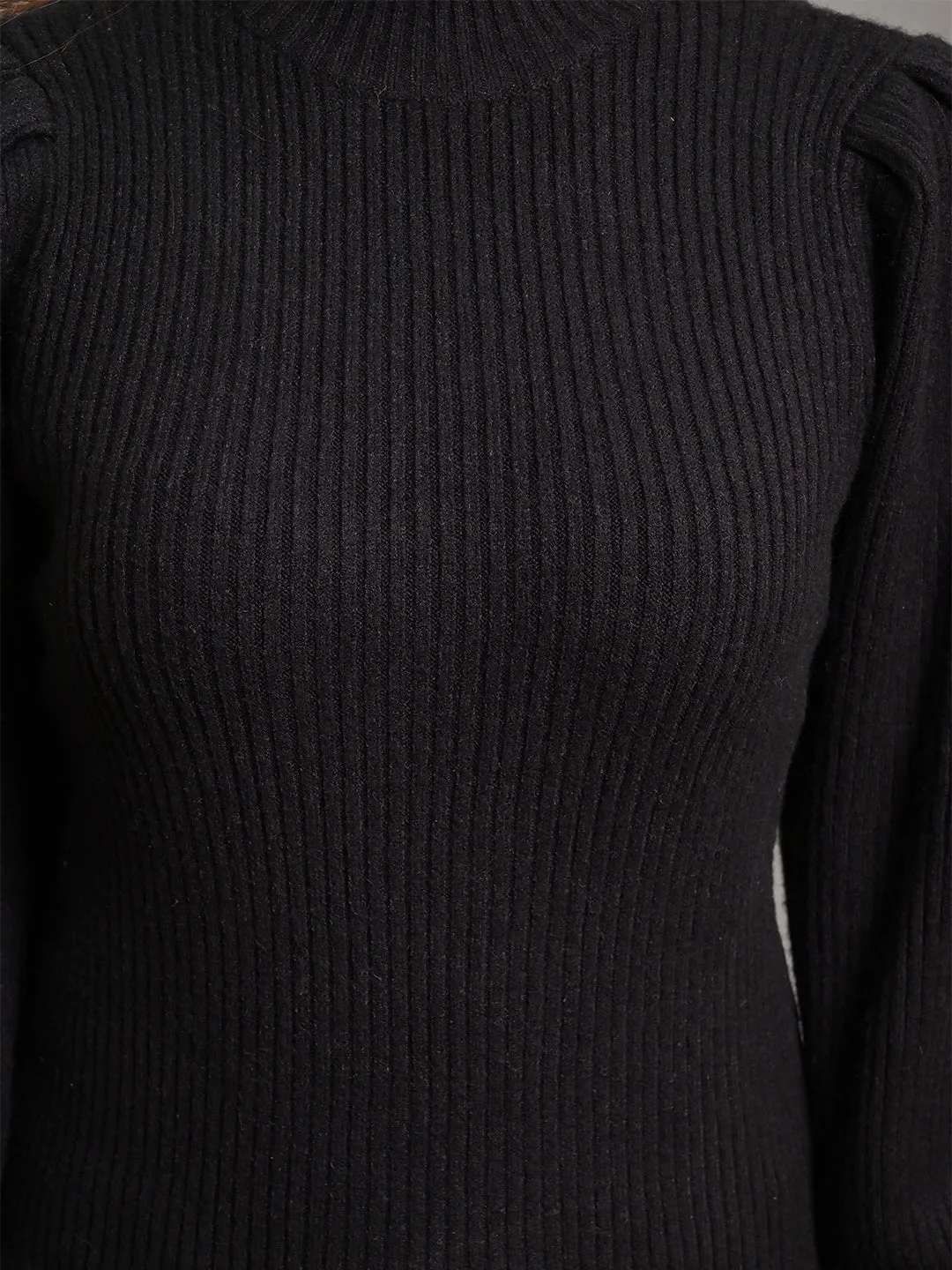 Women Black Puff Sleeve Turtleneck Sweater