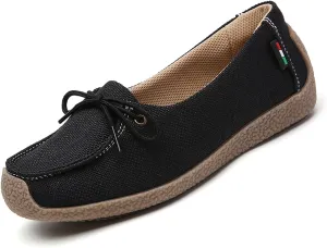 Women's Canvas Lace-up Casual Loafers,Lightweight Soft Sole Slip-on Moccasins Walking Boat Shoes,Comfortable Non-Slip Flat Fashion Sneakers