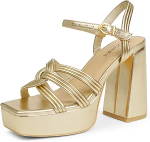 Womens Platform Chunky High Heels Square Open Toe Sandals with Ankle Strap y2k Shoes for Party, Prom