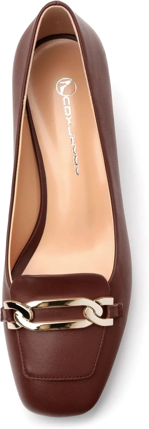 Women's Pumps Low Chunky Block Heel Square Toe Slip On Comfortable Dress Shoes for Work Office Casual