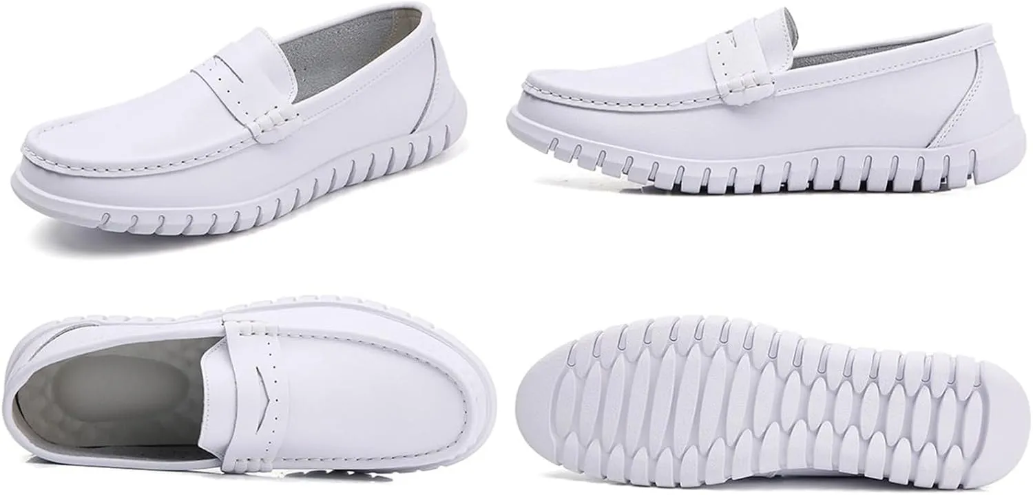 Women's Slip on Breathable Working Soft Bottom Flats Leather Nurse Shoes, Casual Air Cushion Slip Resistant Non Tiring Feet Loafer, for Medical Workers, Doctors, Restaurant Work