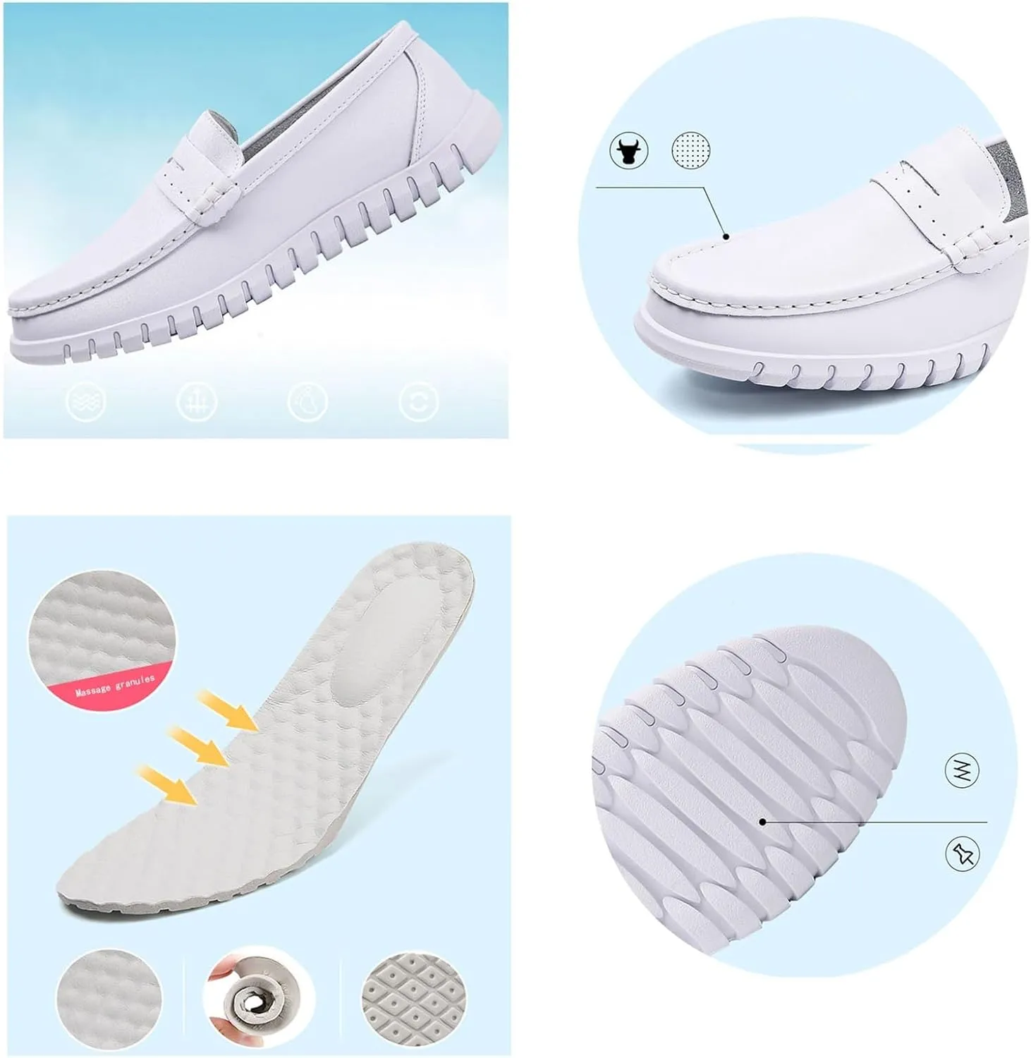 Women's Slip on Breathable Working Soft Bottom Flats Leather Nurse Shoes, Casual Air Cushion Slip Resistant Non Tiring Feet Loafer, for Medical Workers, Doctors, Restaurant Work