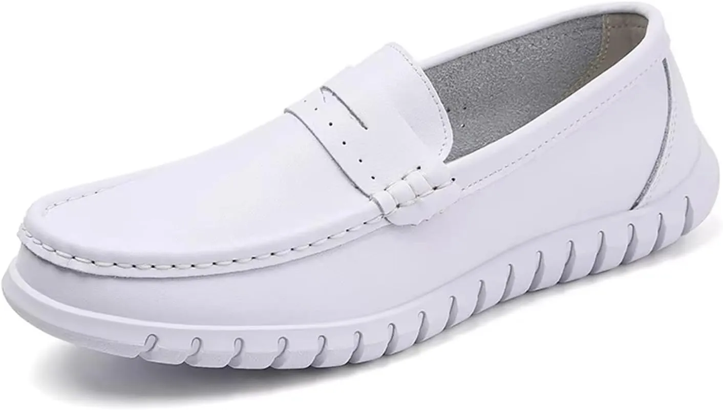 Women's Slip on Breathable Working Soft Bottom Flats Leather Nurse Shoes, Casual Air Cushion Slip Resistant Non Tiring Feet Loafer, for Medical Workers, Doctors, Restaurant Work