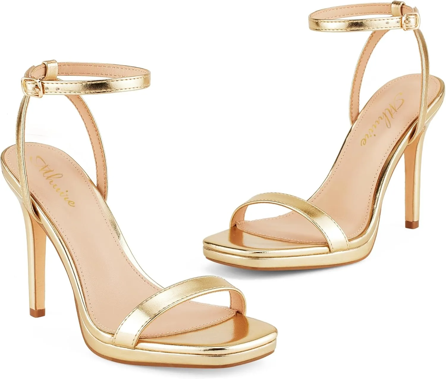 Womens Stiletto Strappy Heeled Sandals, 4.3 Inch Square Open Toe Sexy High Heels Ankle Strap Buckle Heels for Party Wedding Dress Daily Wear Shoes