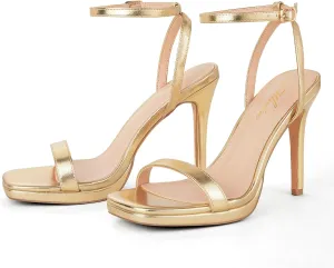 Womens Stiletto Strappy Heeled Sandals, 4.3 Inch Square Open Toe Sexy High Heels Ankle Strap Buckle Heels for Party Wedding Dress Daily Wear Shoes