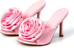 Women's Stilettos High Heels Mules Sandals Open Round Toe Slip On Backless Sexy Flowers Dress Pumps Evening Party Prom Shoes