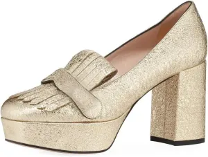 XYD Women's Vintage Platform Pumps with Fringe Block High Heel Slip On Loafers Closed Square Toe Tassels Party Prom Work Shoes