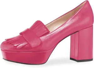 XYD Women's Vintage Platform Pumps with Fringe Block High Heel Slip On Loafers Closed Square Toe Tassels Party Prom Work Shoes