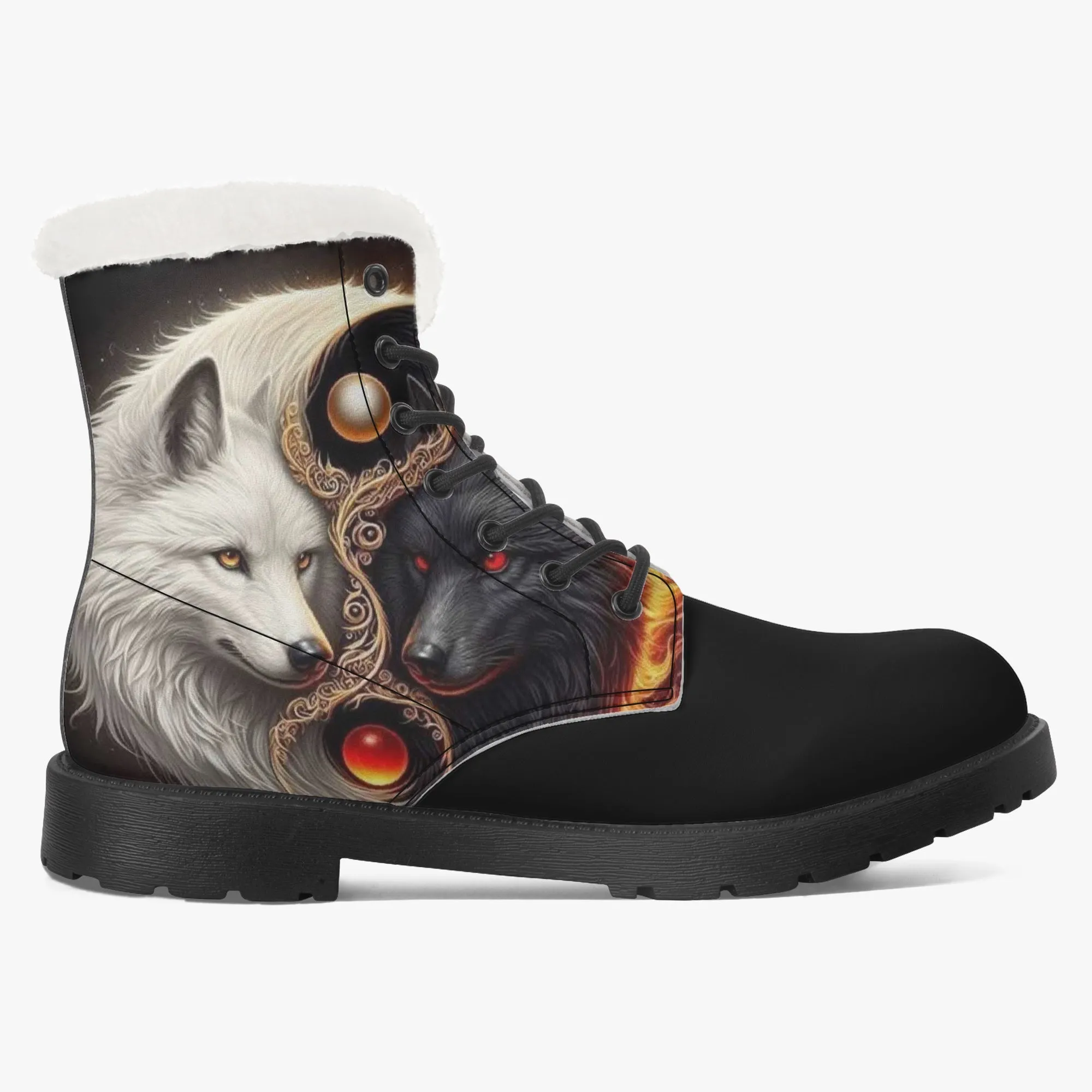 Yin Yang Wolves Faux Fur Leather Boots