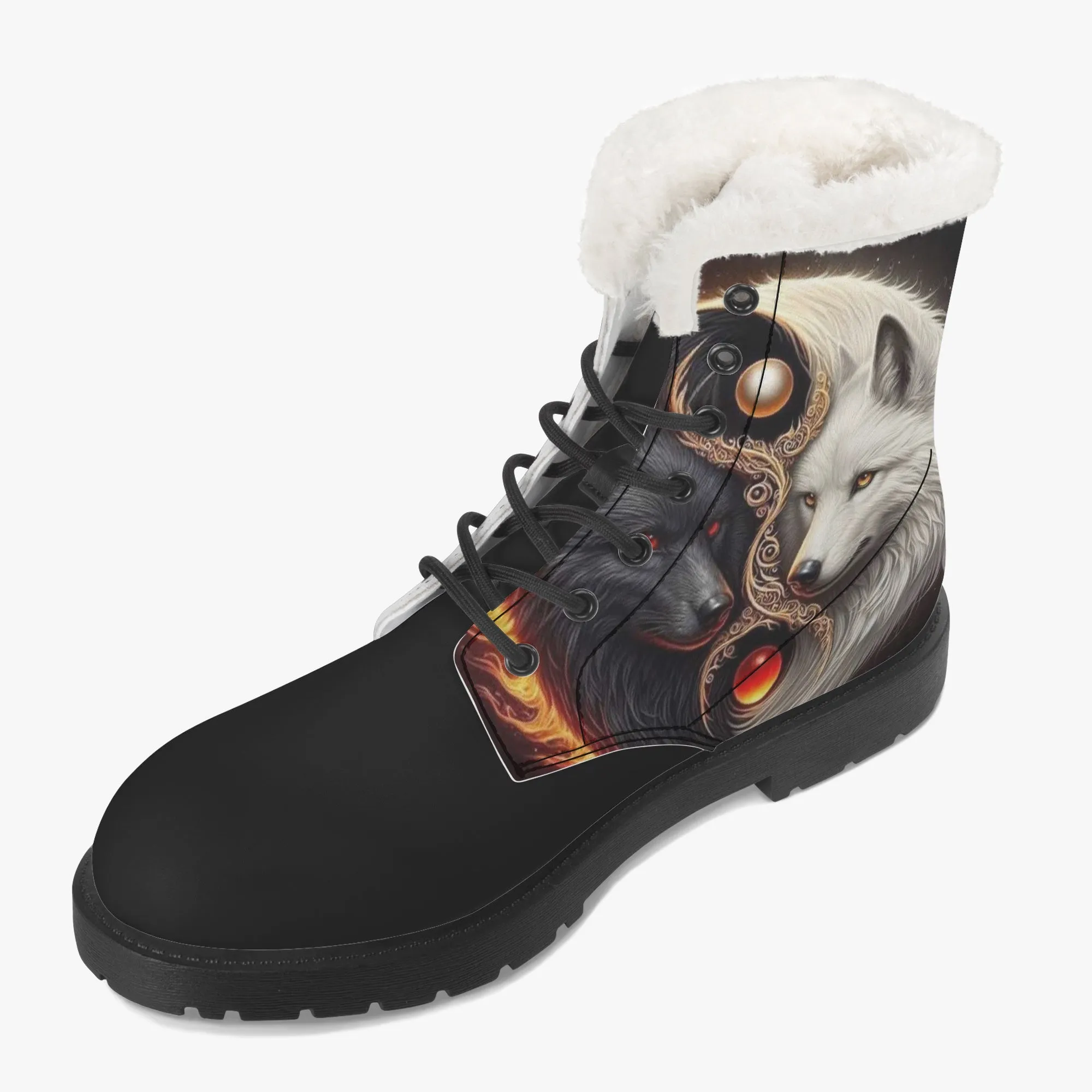Yin Yang Wolves Faux Fur Leather Boots