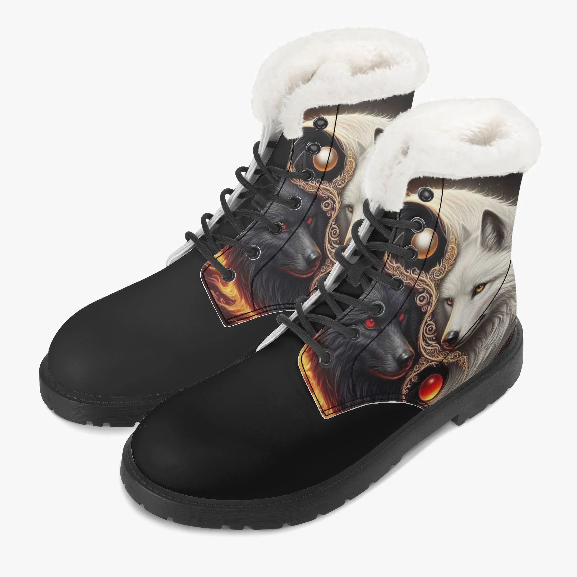 Yin Yang Wolves Faux Fur Leather Boots