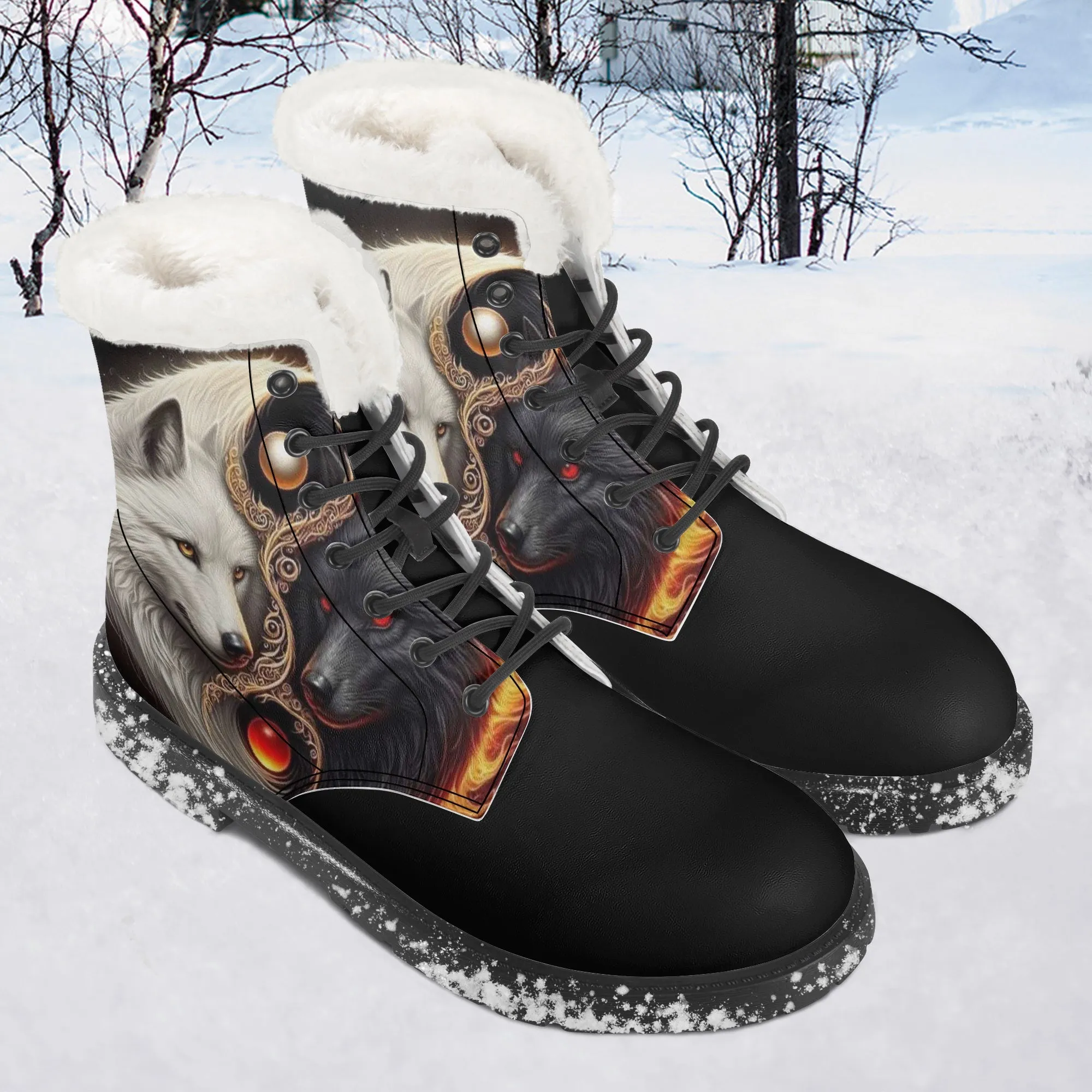 Yin Yang Wolves Faux Fur Leather Boots