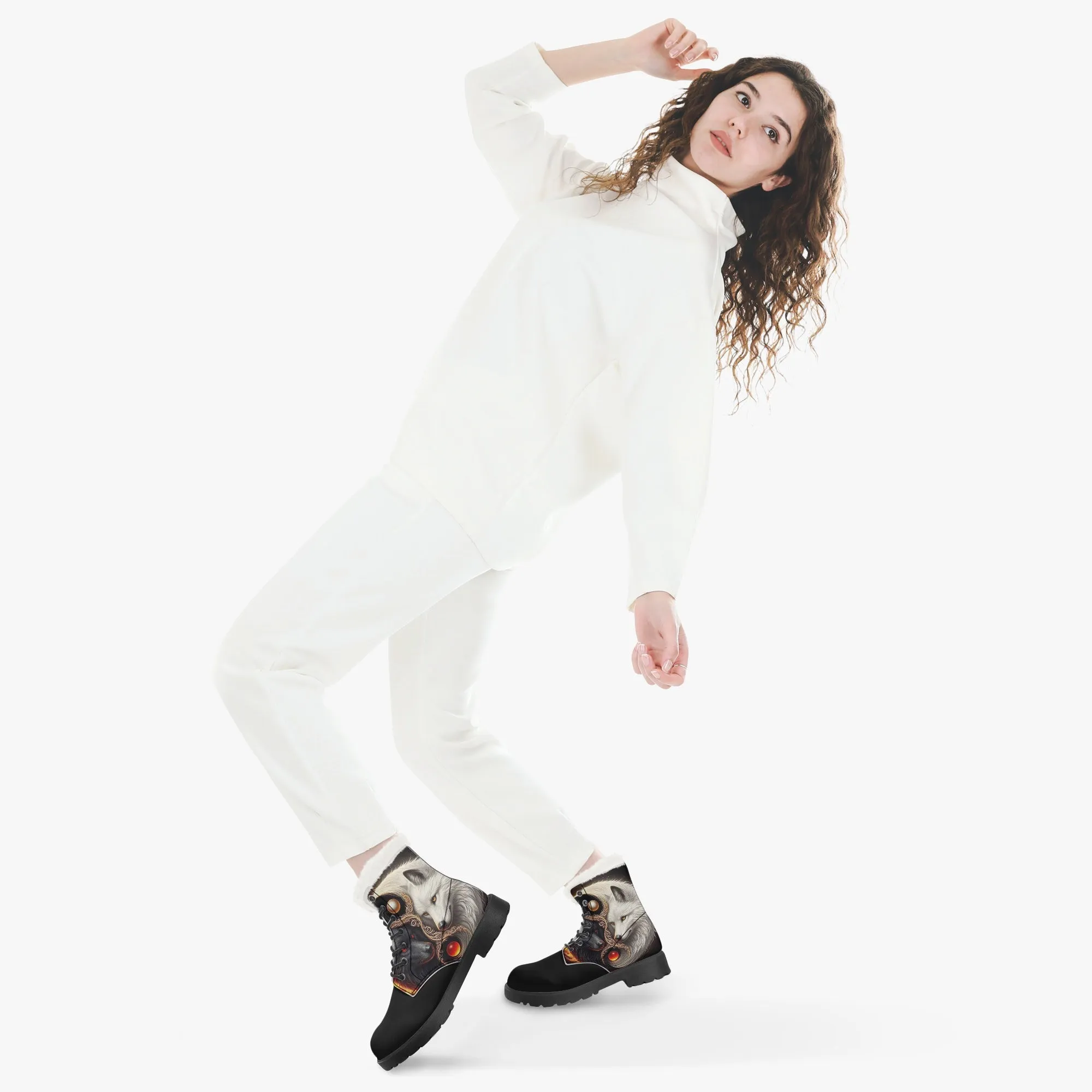 Yin Yang Wolves Faux Fur Leather Boots