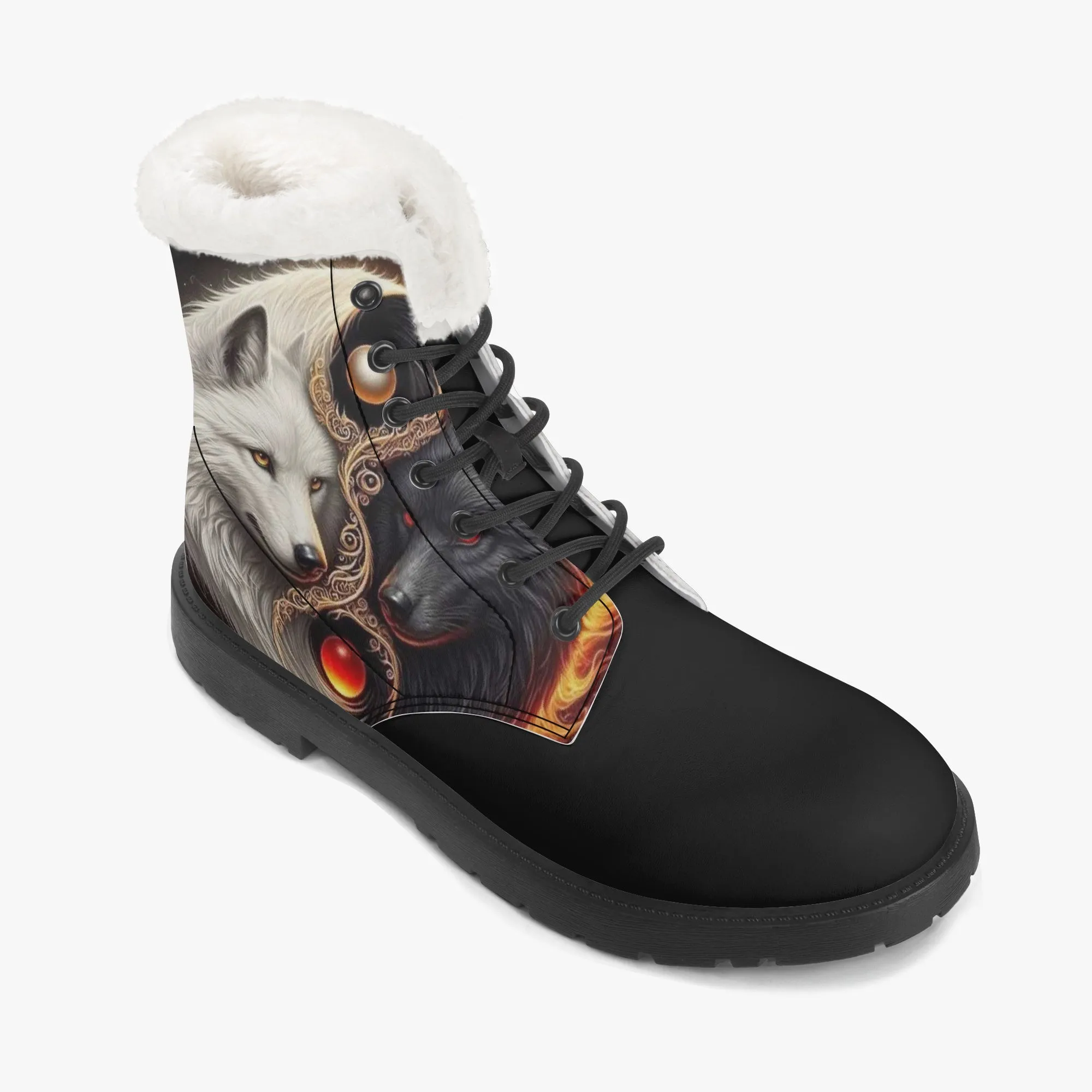 Yin Yang Wolves Faux Fur Leather Boots